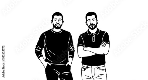 Two men standing side by side looking at the camera with serious expressions.