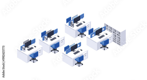 An organized isometric office space contains five identical workstations with blue chairs and a large server rack against a pristine white background.