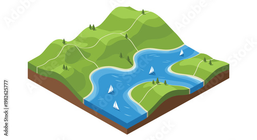 A serene isometric landscape showcases a winding blue river flowing through tiered green hills populated by small sailboats and scattered evergreen trees.