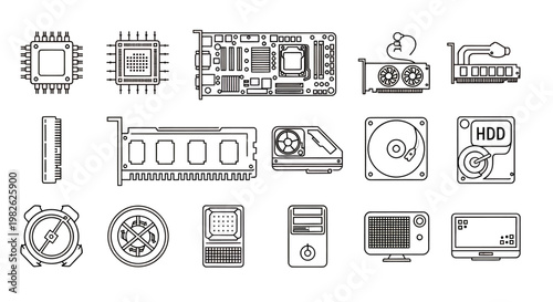 Collection of line icons representing computer hardware components and tech devices.