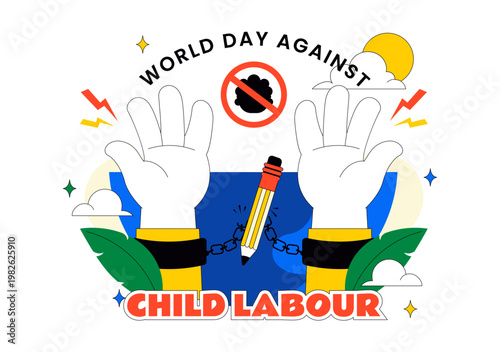 World Day Against Child Labour Vector Illustration Featuring Child Protection Awareness, Stop Exploitation Symbol and Social Justice Campaign Design