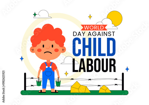 World Day Against Child Labour Vector Illustration Featuring Child Protection Awareness, Stop Exploitation Symbol and Social Justice Campaign Design