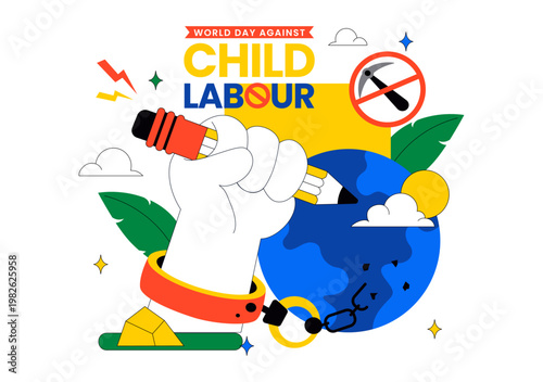World Day Against Child Labour Vector Illustration Featuring Child Protection Awareness, Stop Exploitation Symbol and Social Justice Campaign Design