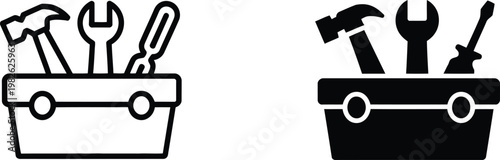 Professional tool box graphics featuring hammer spanner and screwdriver in line and solid versions