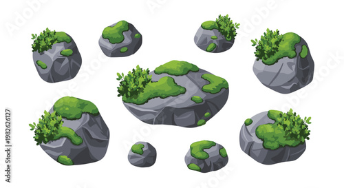 A diverse collection of meticulous gray boulders featuring vibrant green moss patches and small leafy shrubs rests against a pristine white background today.