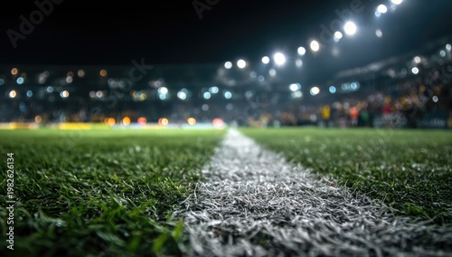 Close-up of a freshly painted white line on a stadium's vibrant green grass at night