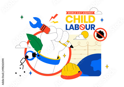 World Day Against Child Labour Vector Illustration Featuring Child Protection Awareness, Stop Exploitation Symbol and Social Justice Campaign Design
