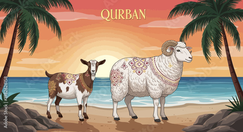 Illustrated Qurban scene featuring a goat and a ram standing on a sandy beach near the ocean at sunset, with palm trees framing the scene and conveying a serene and celebratory mood