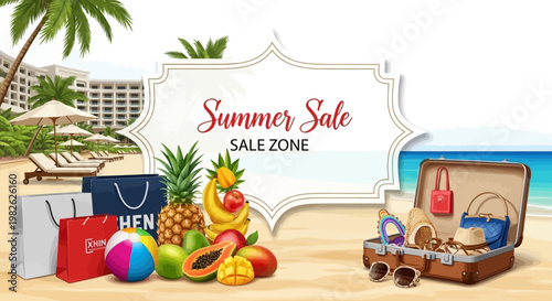 A vibrant summer sale advertisement displays luggage and shopping bags filled with tropical fruits on a sandy beach near the ocean, set against a backdrop of palm trees and resort buildings