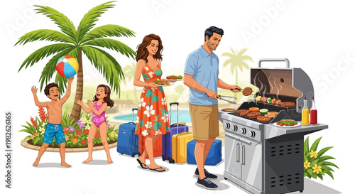 A family enjoys a barbecue near a pool under a palm tree, with a father grilling food as the mother and children relax in a colorful, cartoon-style illustration against a white background
