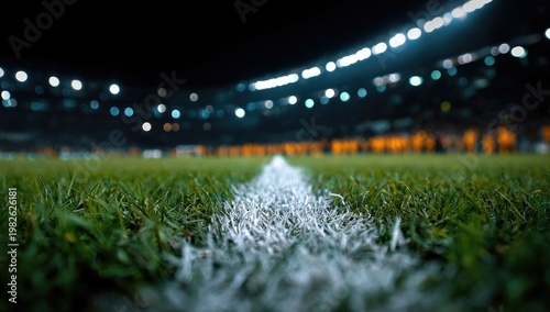 Close-up of stadium grass and illuminated white line under night sky