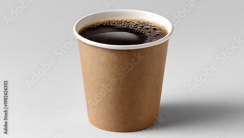 Black coffee fills paper cup on a light grey background representing eco friendly disposable beverage containers for modern urban lifestyle today now and forever