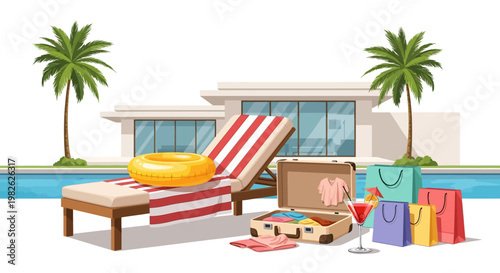 A cartoon-style illustration features a packed suitcase, shopping bags, and a cocktail next to a striped lounge chair with a pool float, set against a white modern house and palm trees