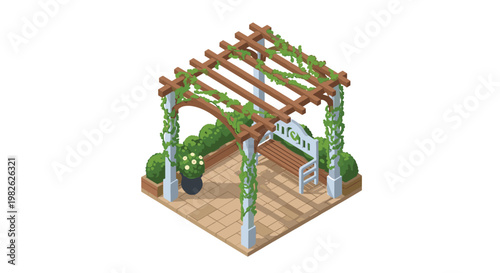 A charming isometric scene displays a wooden garden pergola draped in lush green climbing vines set upon a sunlit tiled patio with a classic wooden bench.