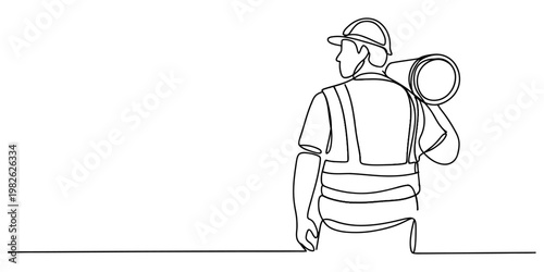 Continuous line drawing of a construction worker wearing a hard hat and carrying a blue print roll Vector, illustration