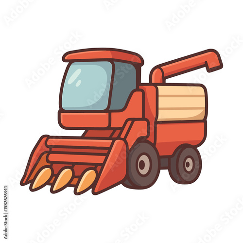 Red combine harvester farming machine flat vector illustration