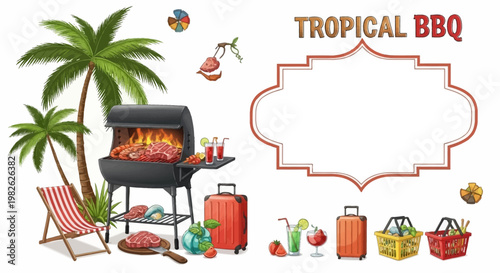 A vibrant tropical barbecue graphic features a grill with flaming food, luggage, and drinks, set against a white backdrop with palm trees, evoking a festive and summery mood