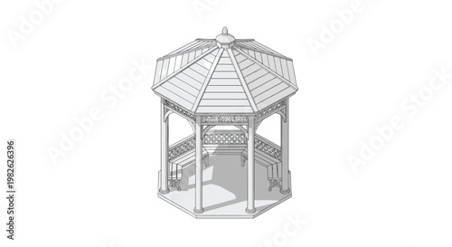 A pristine grayscale isometric line drawing illustrates a classic octagonal wooden gazebo featuring a tiered roof and intricate lattice railings on a white background.