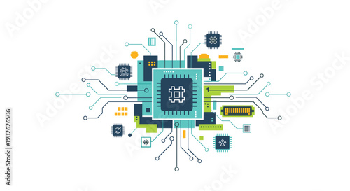 A vibrant flat vector graphic showcases a central processing unit chip integrated with intricate circuit paths and colorful electronic components on white.