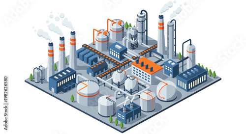 A dense industrial factory complex features multiple tall chimneys emitting white smoke and various blue warehouse buildings with spherical storage tanks and pipes.