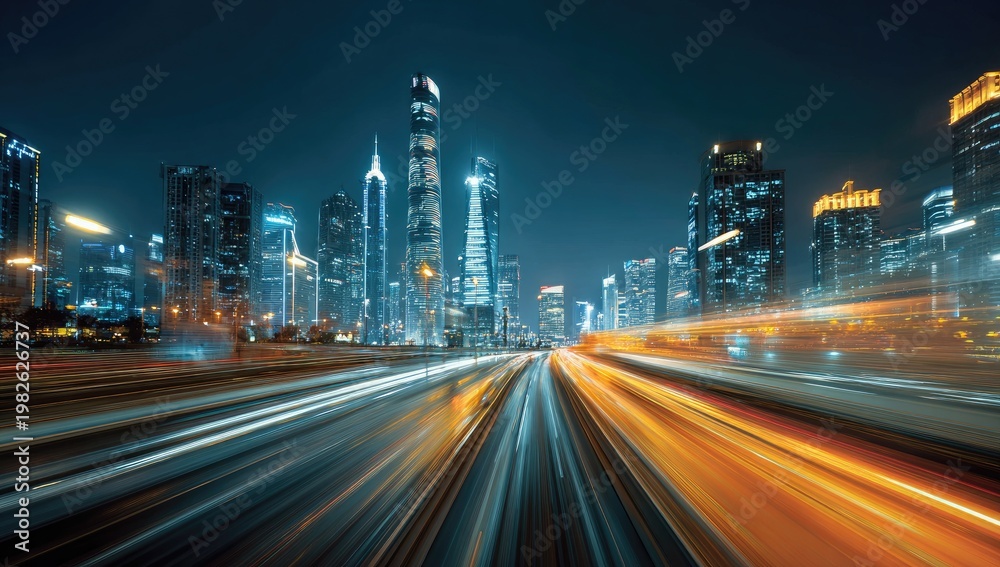 Obraz premium Streaking lights of a modern city at night with tall buildings