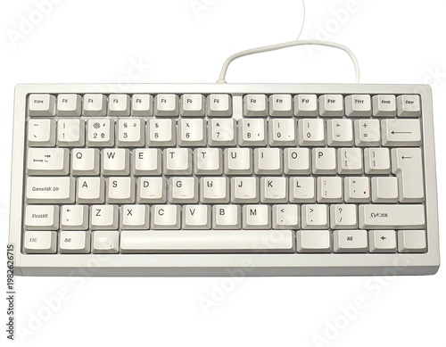 A standard computer keyboard with white keys and a cord