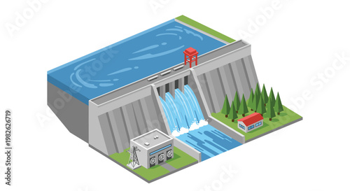 A large concrete hydroelectric dam features a distinctive red control tower and a small red-roofed house nestled among green pine trees on a slope.