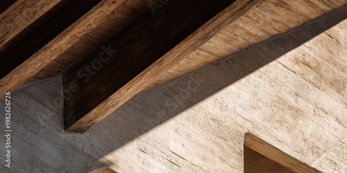 A striking architectural detail showcases the interplay of rustic wooden beams and textured plaster walls.