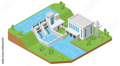 A comprehensive isometric hydroelectric power facility features a reservoir dam and powerhouse building situated on a lush green landscape with a tall metal pylon.