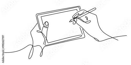 A continuous line drawing of hands using a digital tablet and stylus for creative work tasks. Vector, illustration