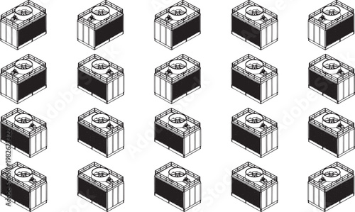 A grid-like arrangement of industrial components, symbolizing automation and manufacturing, creates a repetitive pattern.