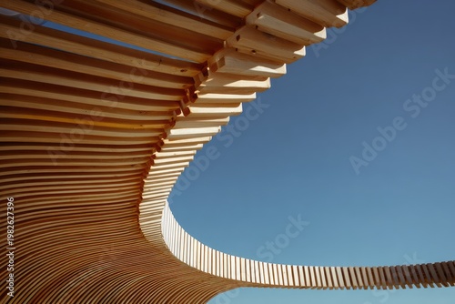 A striking architectural detail showcases a curved wooden structure against a clear blue sky.