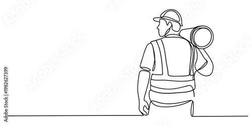 A single continuous line drawing of a construction worker wearing a safety helmet and vest gear Vector, illustration