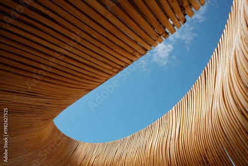 A striking low-angle perspective showcases a curved wooden structure against a vibrant blue sky, emphasizing the architectural design and natural materials.