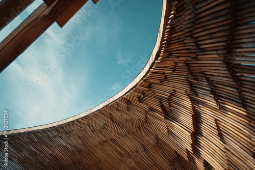 A low-angle perspective showcases a curved wooden structure against a vibrant blue sky with scattered clouds, emphasizing architectural design and natural materials.