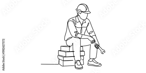 A single continuous line drawing of a tired construction worker sitting on a stack of bricks. Vector, illustration