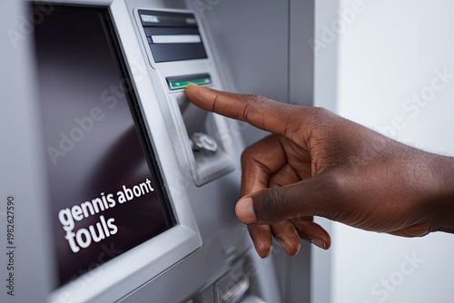A close-up shot depicts a person using a fingerprint scanner on an automated kiosk, showcasing modern technology and secure authentication methods.