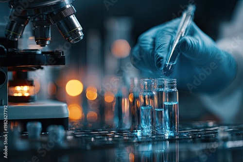 A scientist carefully dispenses a liquid sample into a vial within a laboratory setting, illuminated by the glow of scientific equipment.
