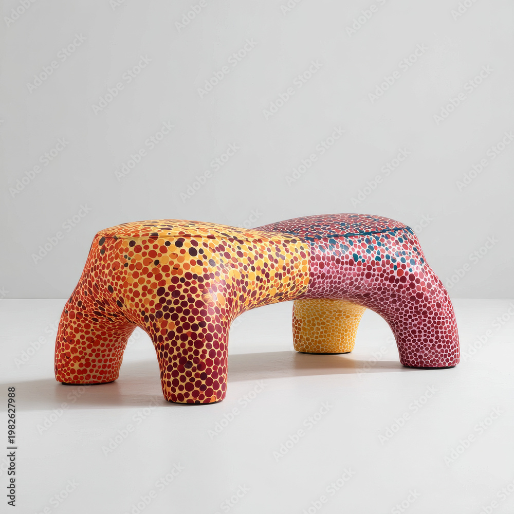 Fototapeta premium Colorful minimalist bench shaped like leopard with quilted pattern, featuring vibrant red, yellow, and blue dots for playful look