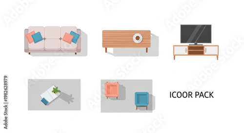 Modern Living Room Furniture Set Top View Flat Design.