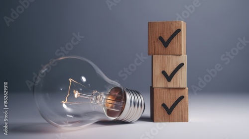 Light bulb with a stack of wooden blocks featuring checkmarks