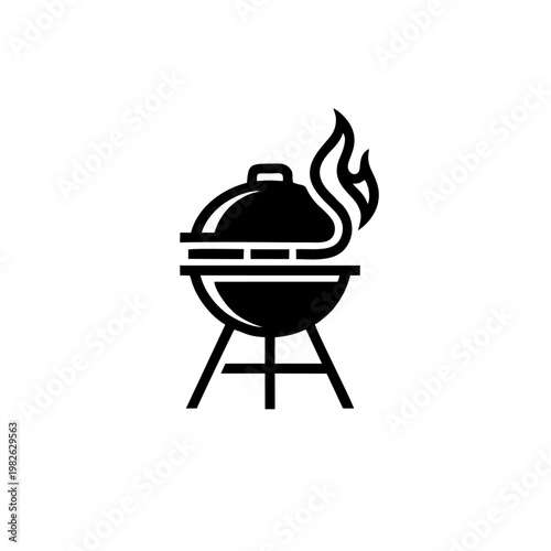 Minimal black icon of a round barbecue grill with a flame, evoking outdoor cooking, summer cookouts, backyard gatherings and grilling food for parties and casual meals.
