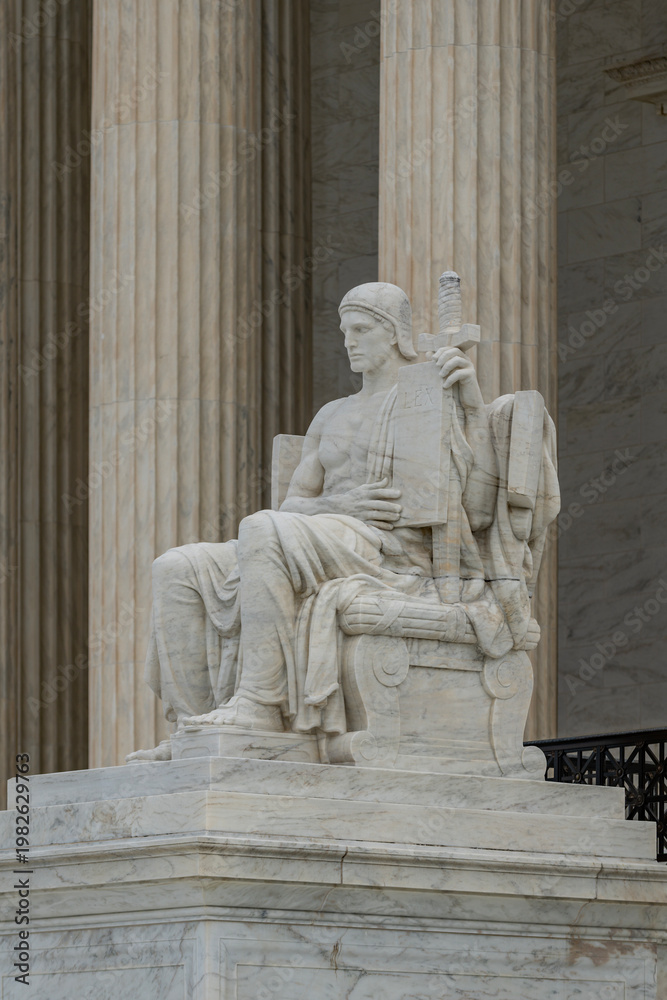 Fototapeta premium Justice statue symbolic allegory. Supreme court architecture classical exterior. Law constitution judicial authority legislation. Marble legal background.