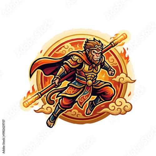 Colorful illustration of a mythic Monkey King warrior leaping on clouds with a flaming staff, ornate armor and cape inspired by Chinese legend, conveying action, courage and mystical power.