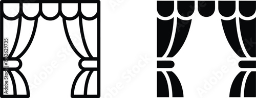 Theater stage curtains vector illustration with valance in linear and silhouette style variations