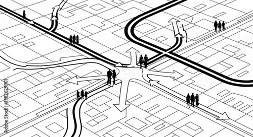 Urban planning diagram showing traffic flow and pedestrian movement.