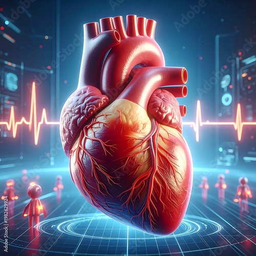 A detailed illustration of a human heart with visible veins and arteries in a futuristic medical setting