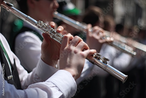 A close-up shot showcases a musician's hands skillfully holding and playing a gleaming silver flute outdoors, bathed in sunlight.
