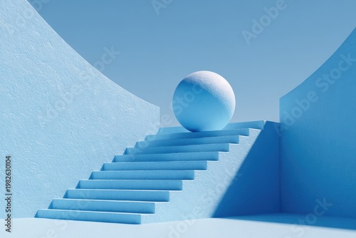 A monochromatic blue composition features a set of stairs leading to a sphere, creating a surreal and minimalist architectural scene.