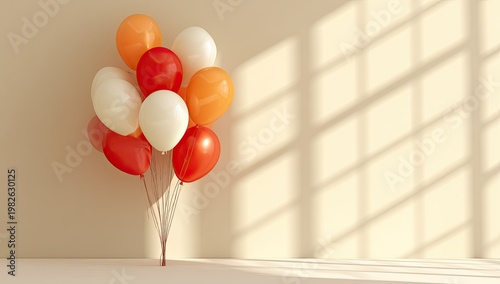 A vibrant cluster of red, orange, and white balloons casts playful shadows against a neutral beige wall, creating a cheerful and festive atmosphere.